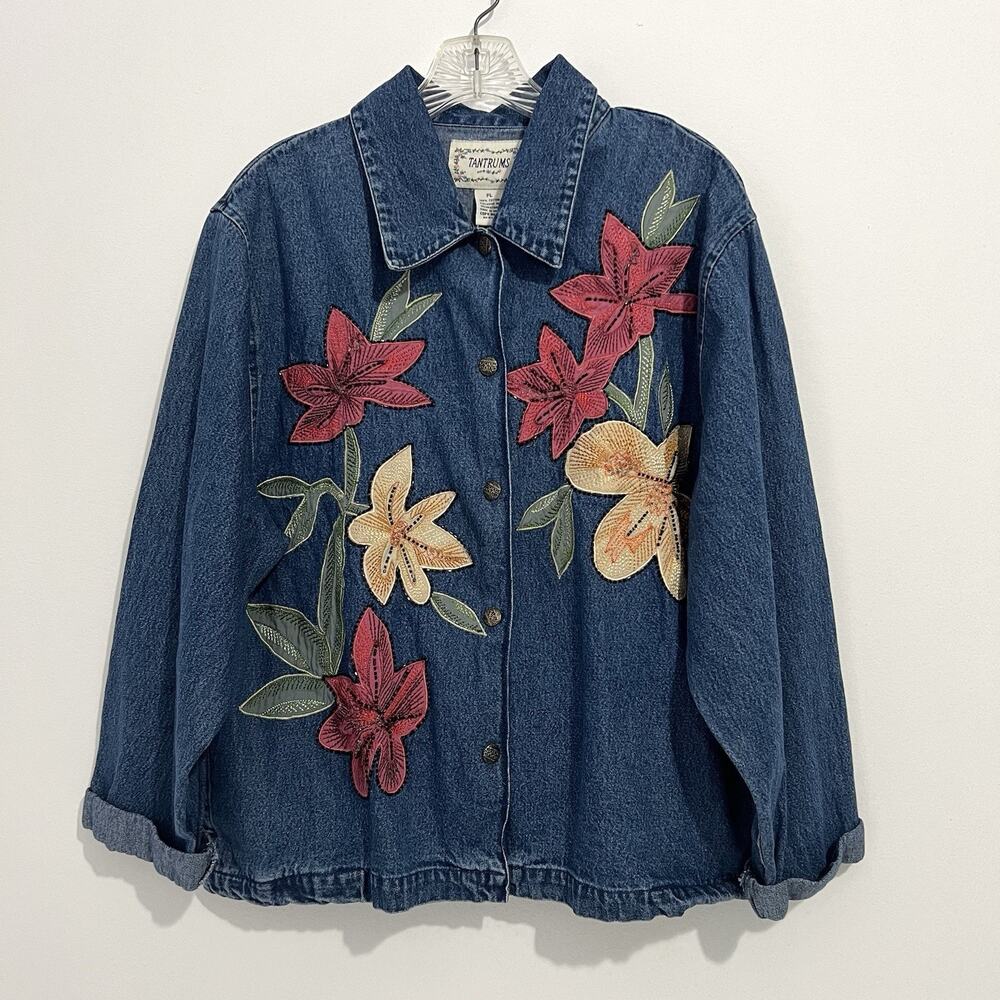 Tantrums Women’s Size PL Embroidered Denim Jacket Durable Outside Gardener